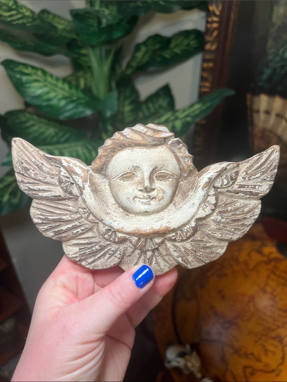 VTG Italian Style Handcarved Wood Winged Cherub Angel Putti Wall Hanging